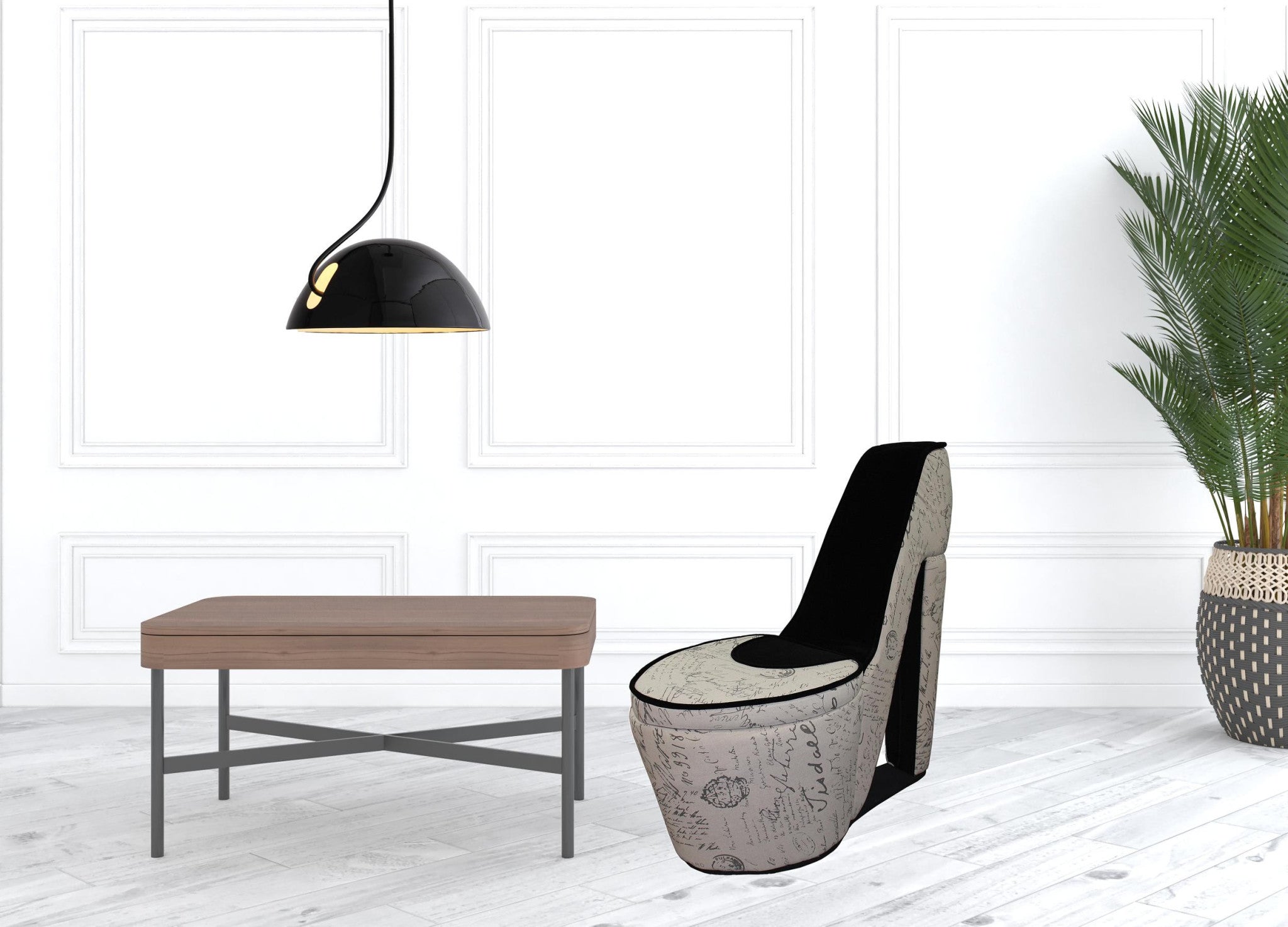 Glam Black and White French Postcard High Heel Shoe Shaped Storage Chair