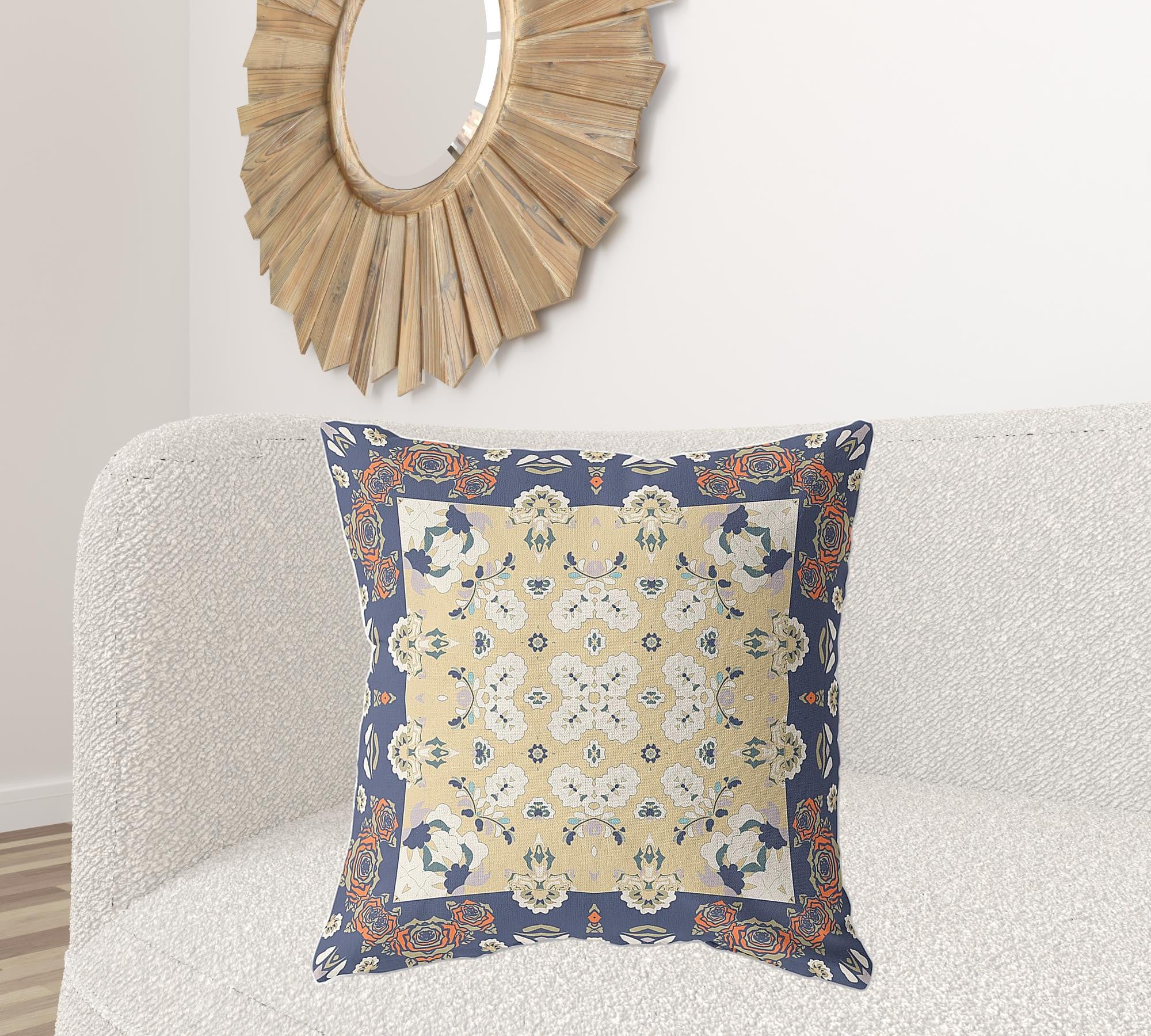 18" X 18" Blue Yellow Broadcloth Floral Throw Pillow