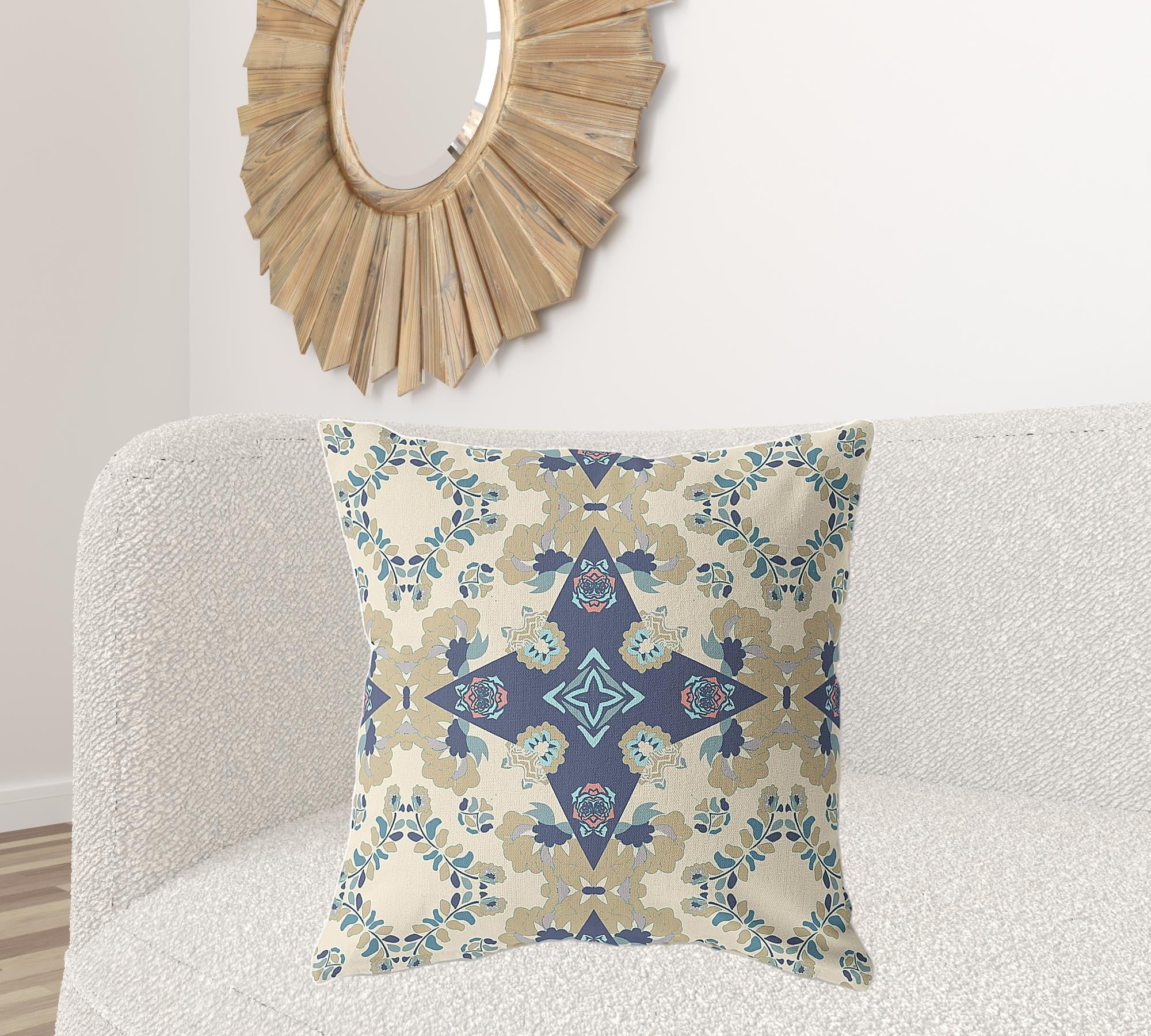 18" X 18" Cream And Blue Broadcloth Floral Throw Pillow