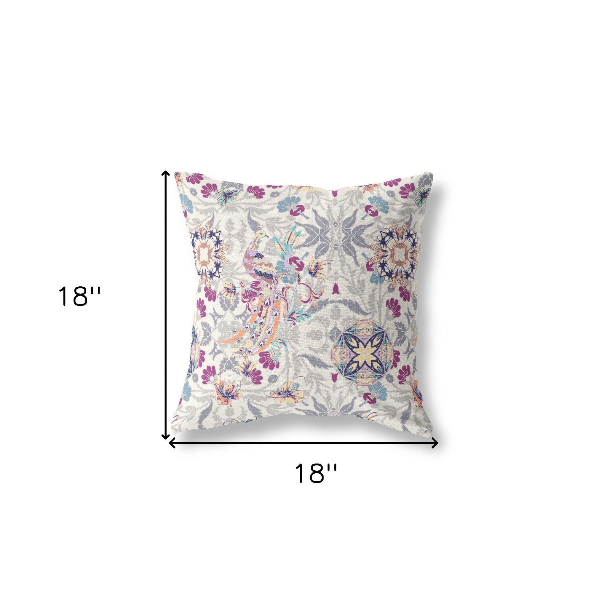 18" X 18" Off White And Pink Broadcloth Floral Throw Pillow