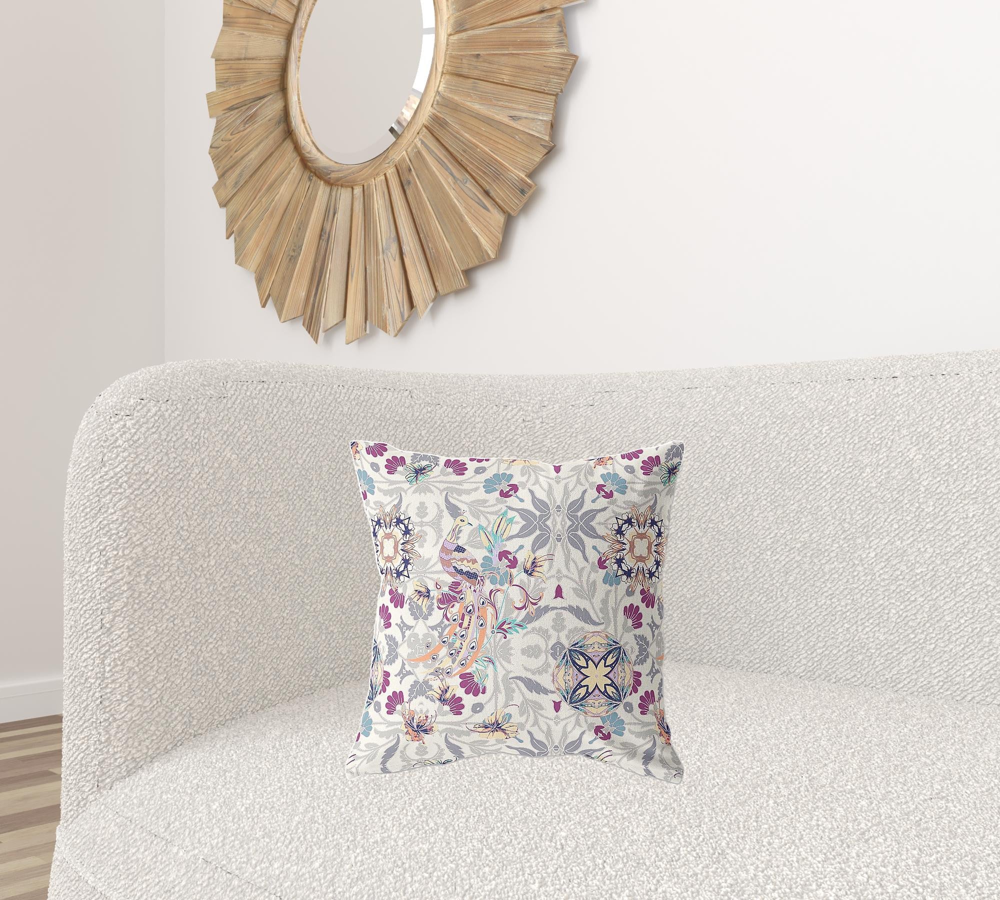 18" X 18" Off White And Pink Broadcloth Floral Throw Pillow