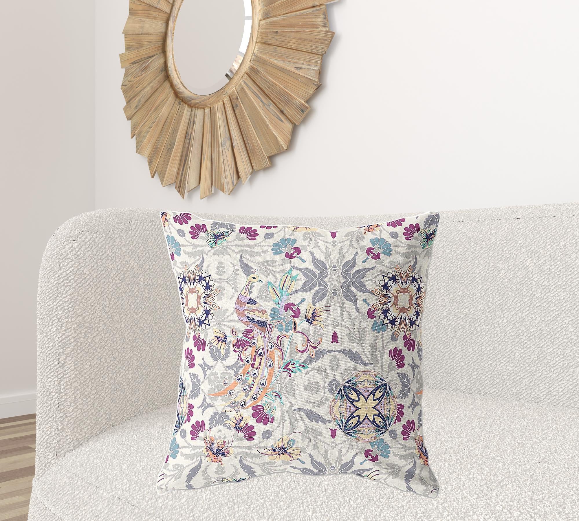 18" X 18" Off White And Pink Broadcloth Floral Throw Pillow