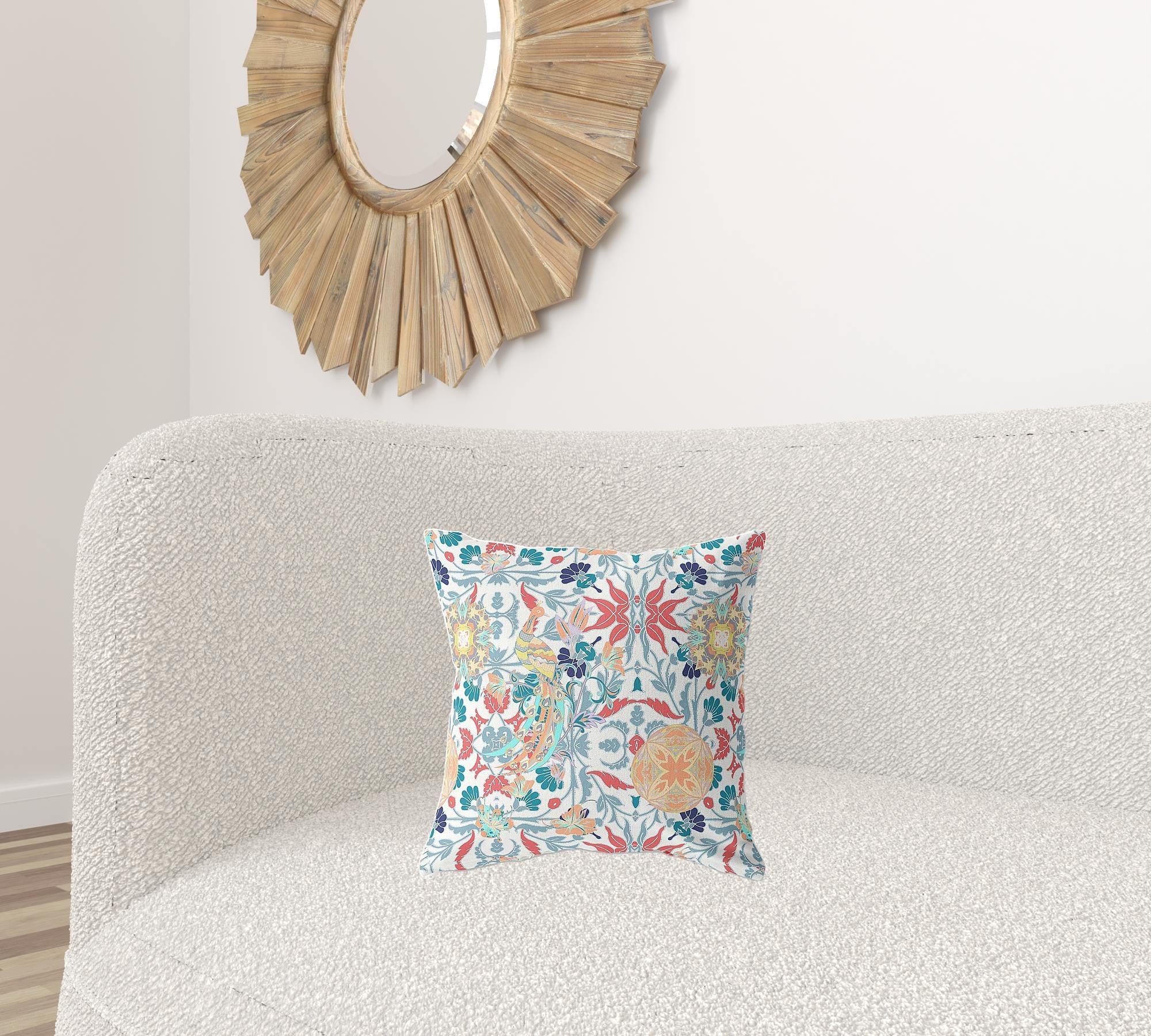 16" X 16" White And Red Broadcloth Floral Throw Pillow