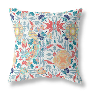 18" X 18" White And Red Broadcloth Floral Throw Pillow