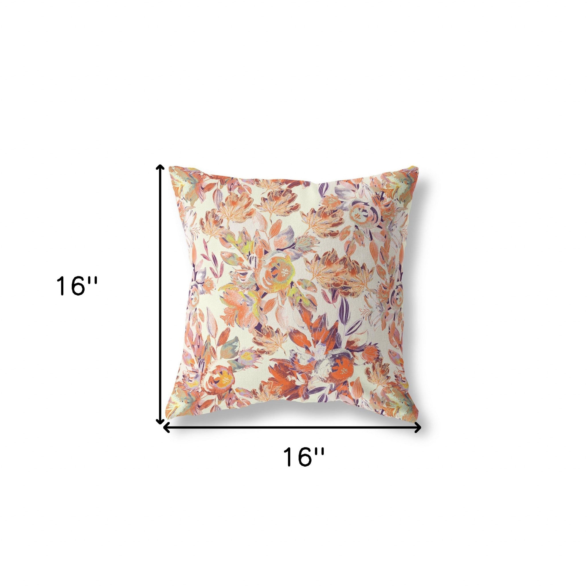 16" X 16" Red, Peach And Cream Broadcloth Floral Throw Pillow
