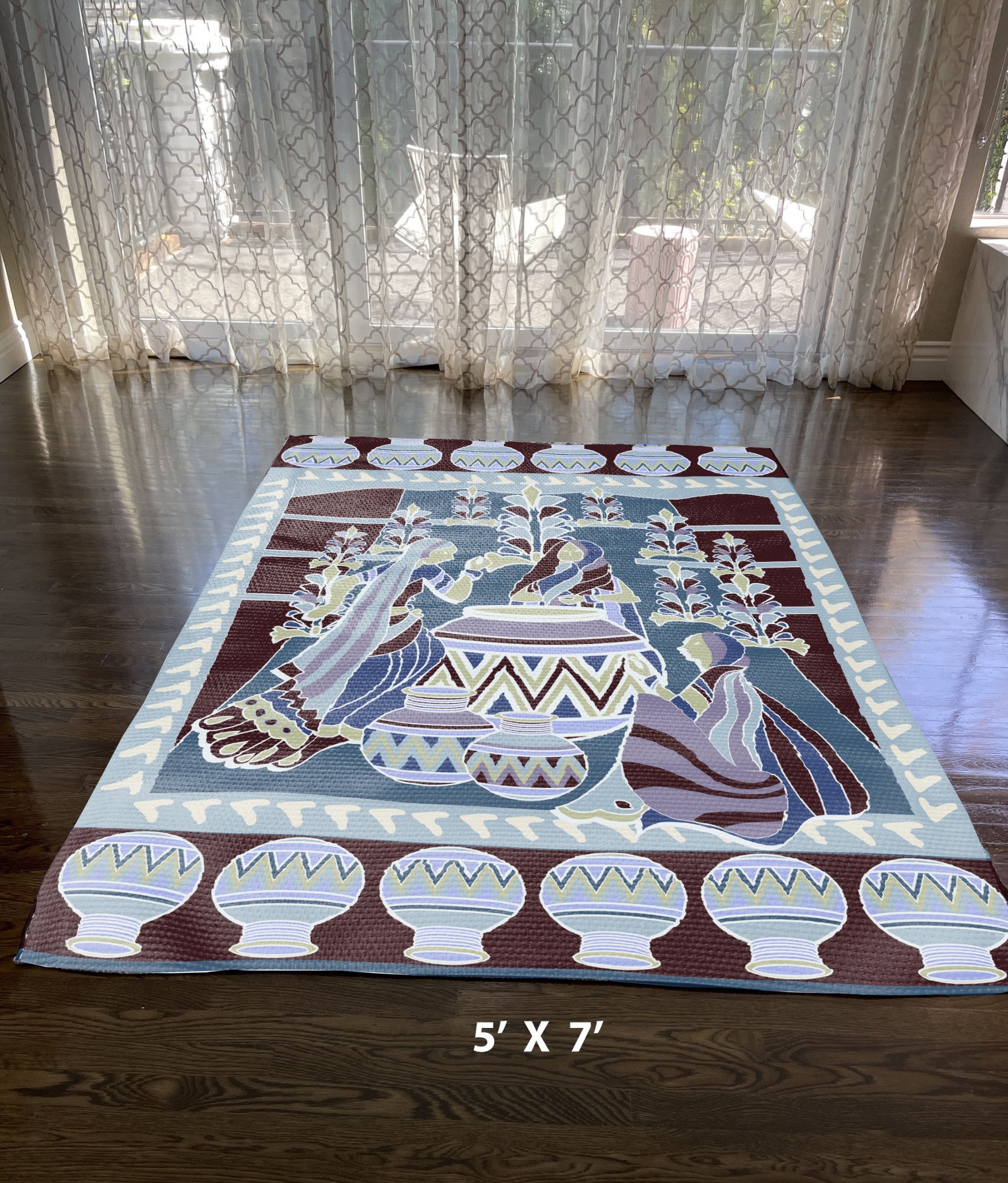 5' X 7' Dark Brown And Blue Abstract Area Rug