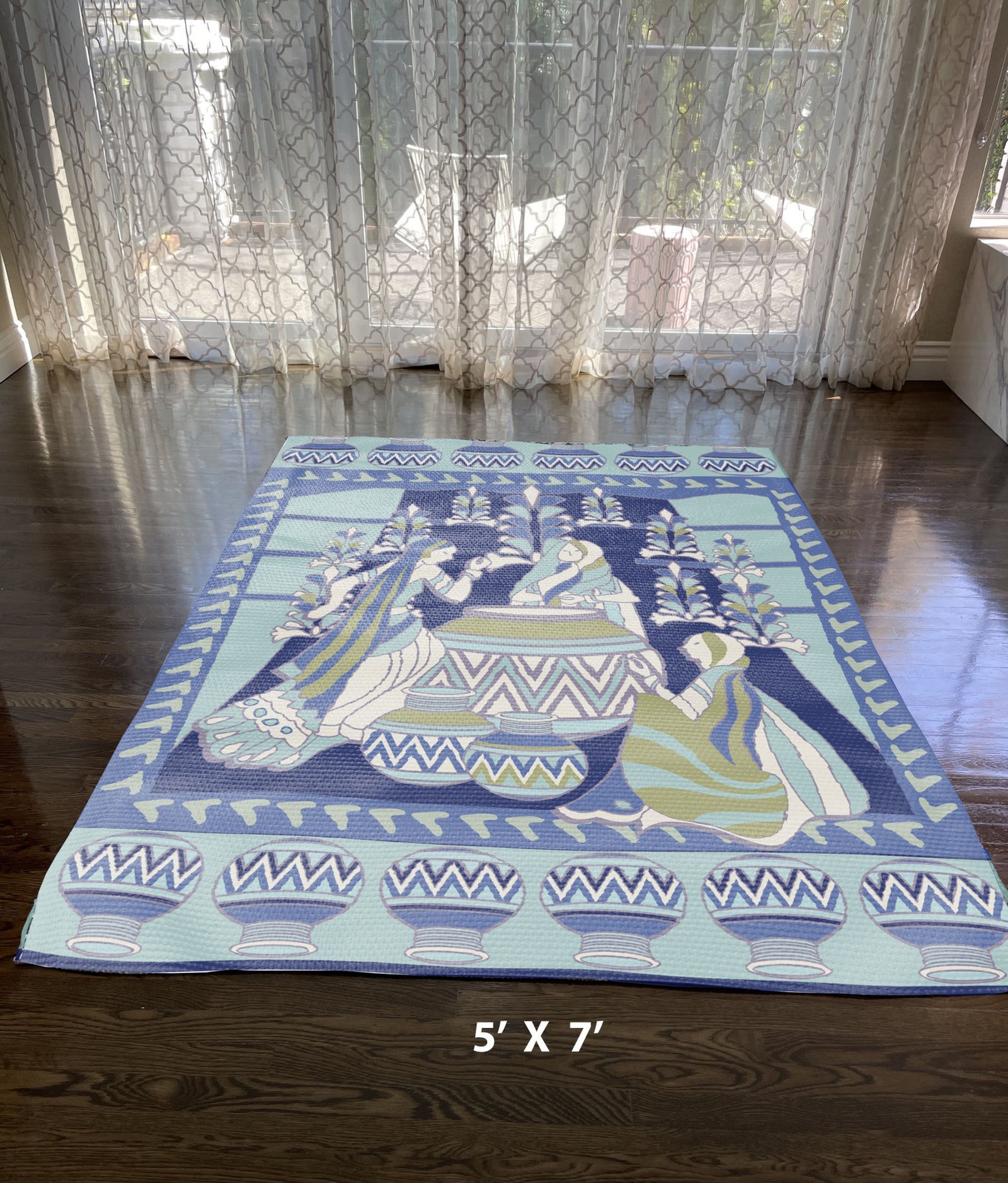 5' X 7' Navy Light Blue Green Abstract Area Rug