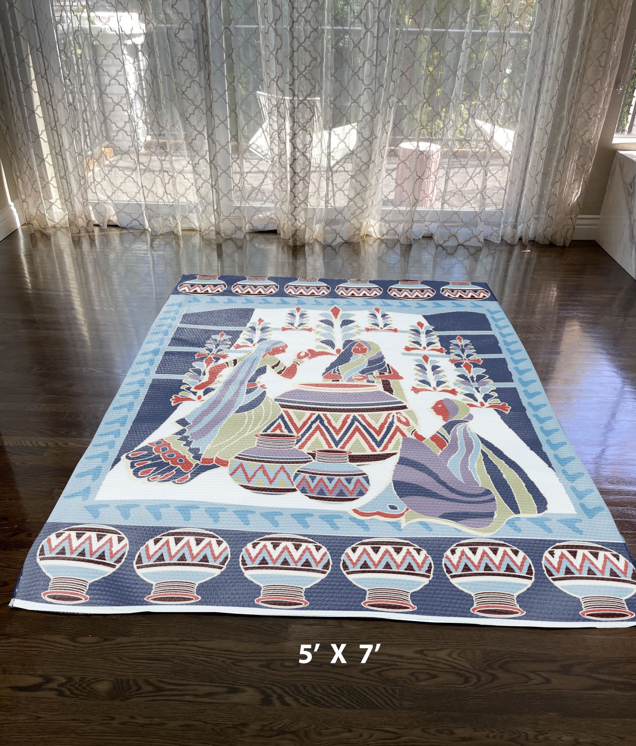 5' X 7' Blue And Red Abstract Area Rug