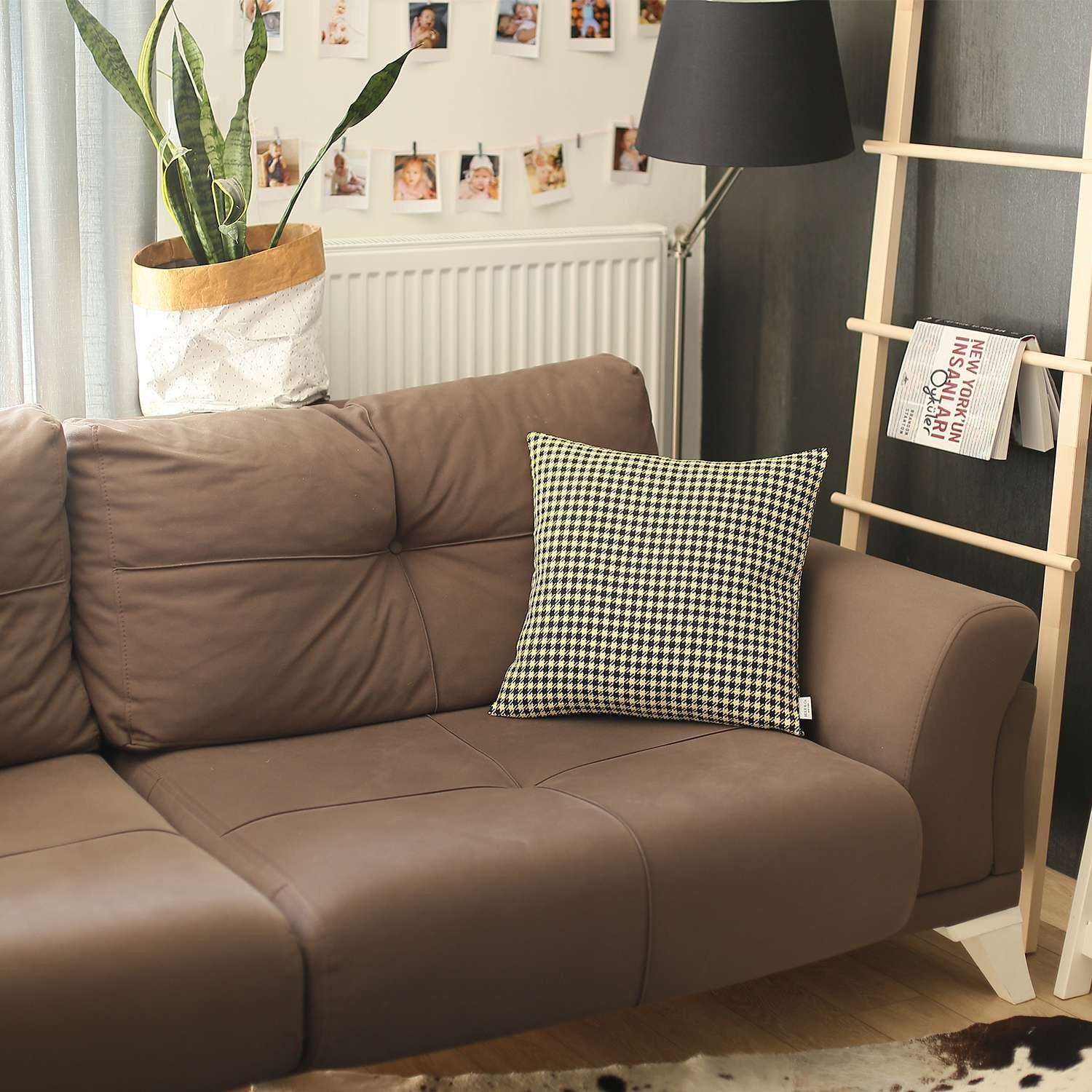 18" X 18" Yellow Houndstooth Zippered Handmade Polyester Throw Pillow Cover