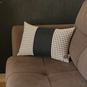 12" X 20" Brown And Black Houndstooth Zippered Handmade Polyester Lumbar Pillow Cover