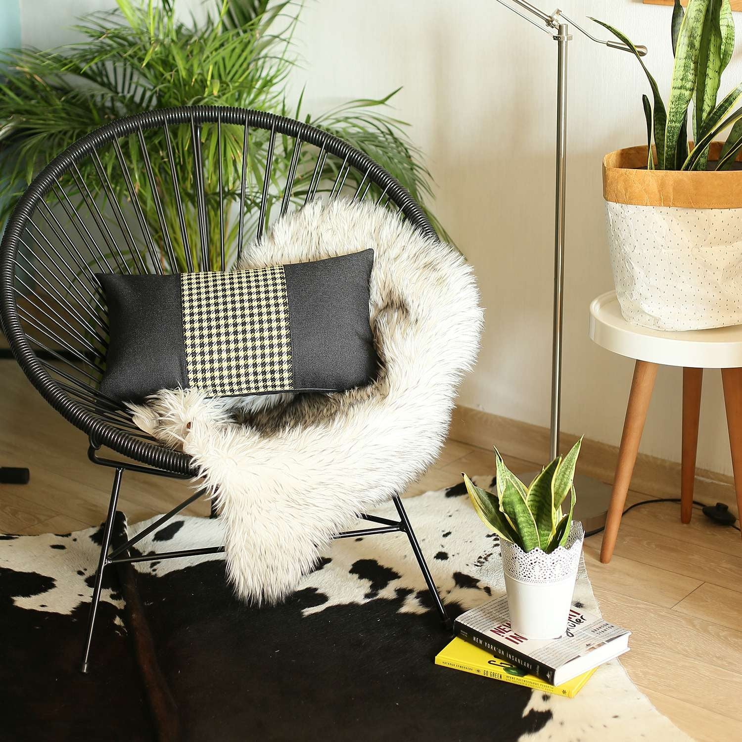 Black And Yellow Houndstooth Zippered Handmade Polyester Lumbar Pillow Cover - 12" X 20"