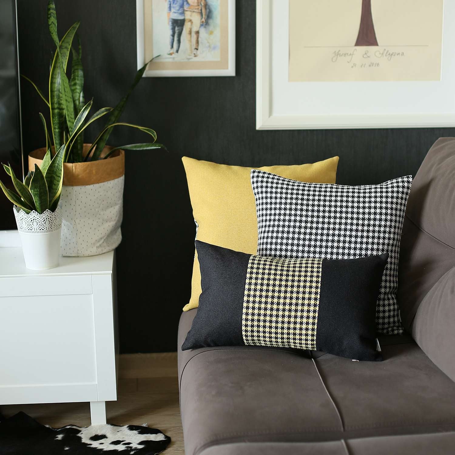 Black And Yellow Houndstooth Zippered Handmade Polyester Lumbar Pillow Cover - 12" X 20"