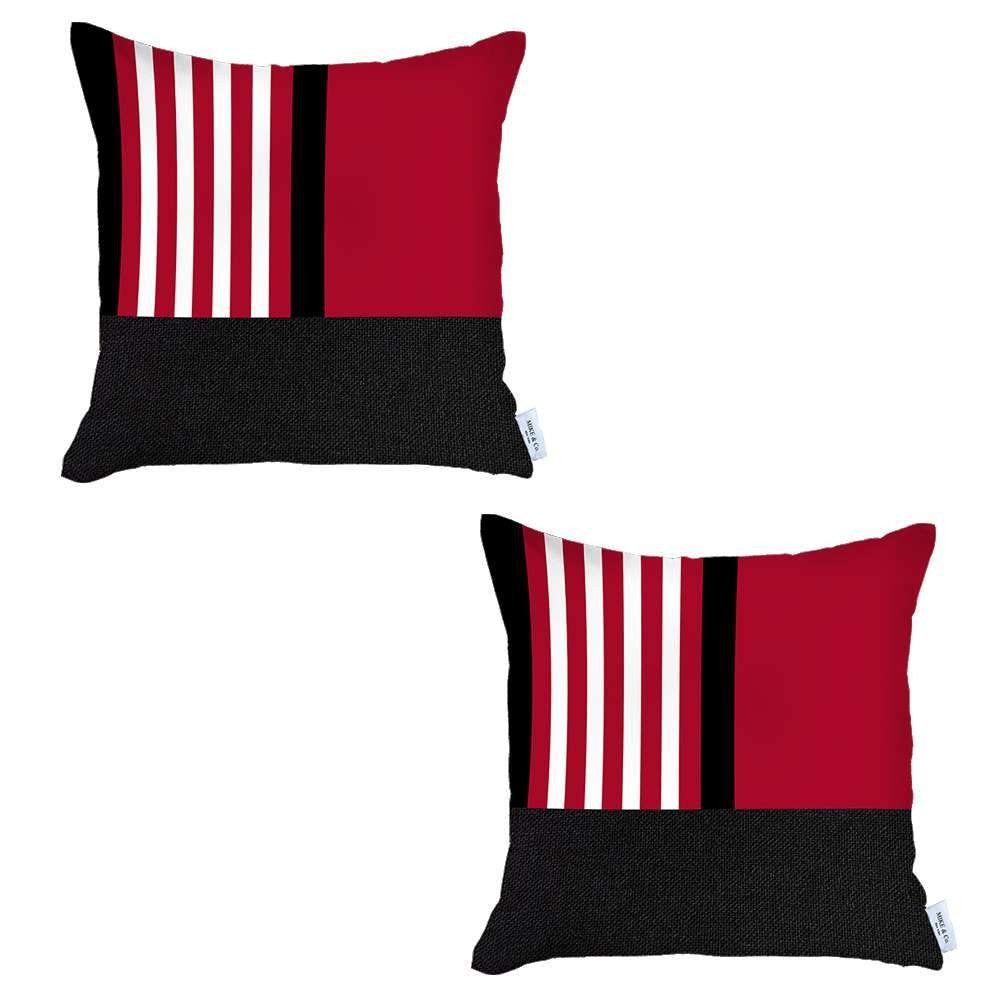 Set Of Two 18" X 18" Red Striped Zippered Handmade Polyester Throw Pillow