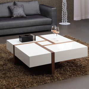 Modern White and Walnut Square Coffee Table with Storage