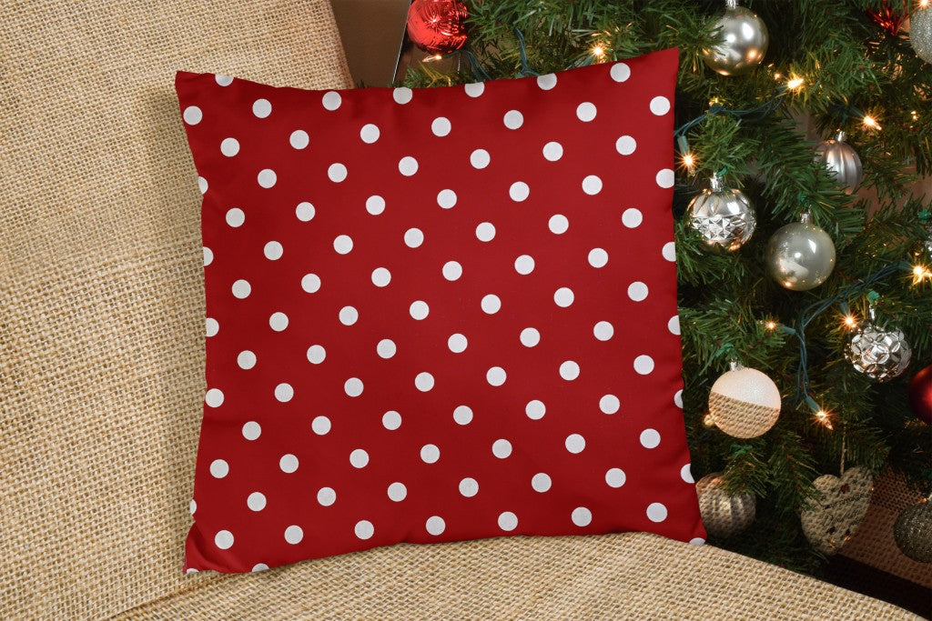17" X 17" Red And White Zippered 100% Cotton Polka Dots Throw Pillow Cover