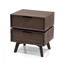 Mid Century Acacia Nightstand with Two Drawers and Black Metal Handles