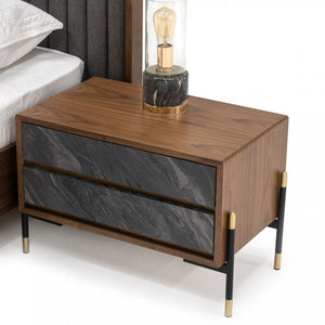Mid Century Walnut and Gray Faux Marble Two Drawer Nightstand