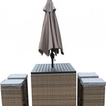 Six Piece Brown and White Faux Wicker Outdoor Bar Height Table Set with Umbrella and Stools