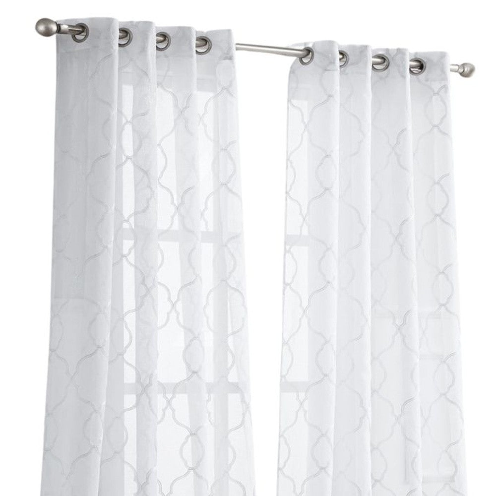 White Trellis Pattern Embroidered Window Curtain Panel 84”