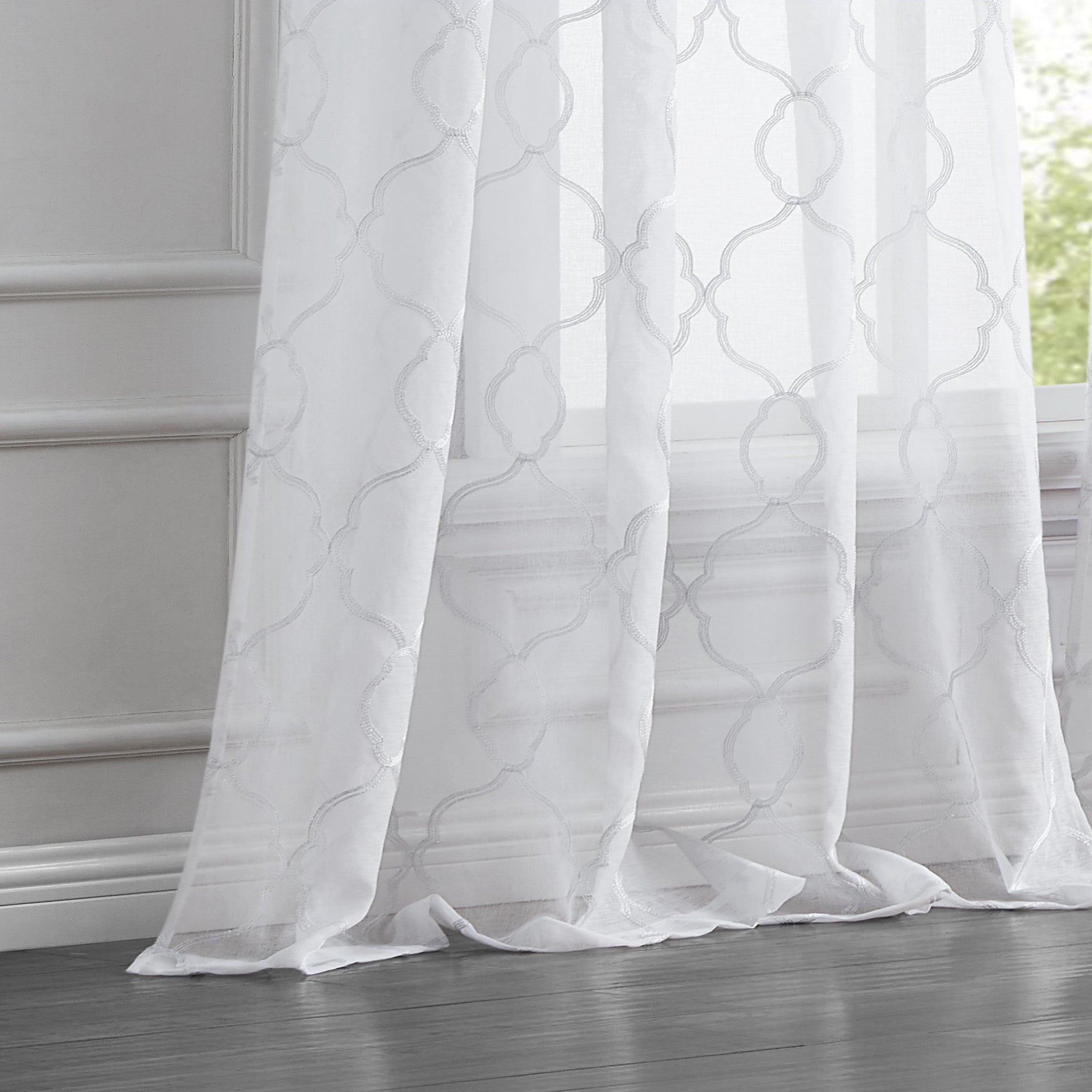 White Trellis Pattern Embroidered Window Curtain Panel 84”