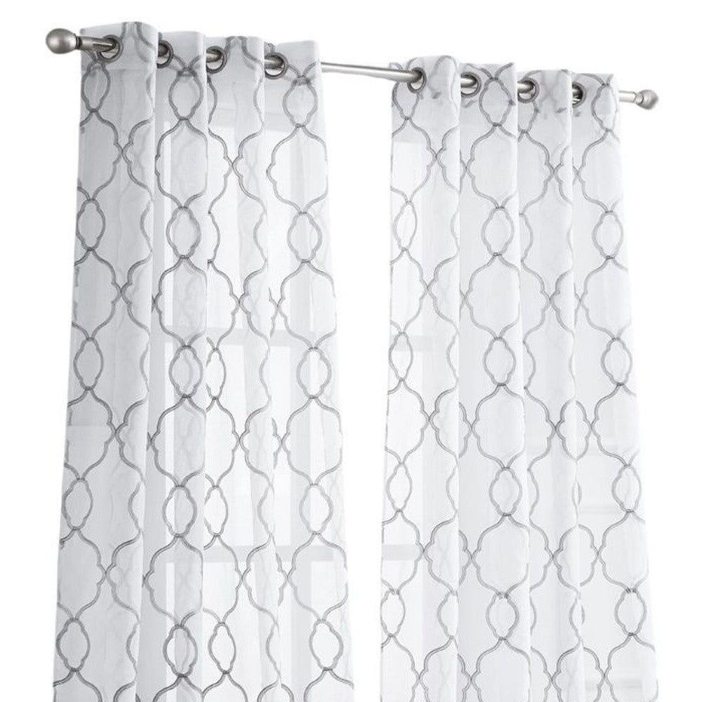 Silver Trellis Pattern Embroidered Window Curtain Panel 84”