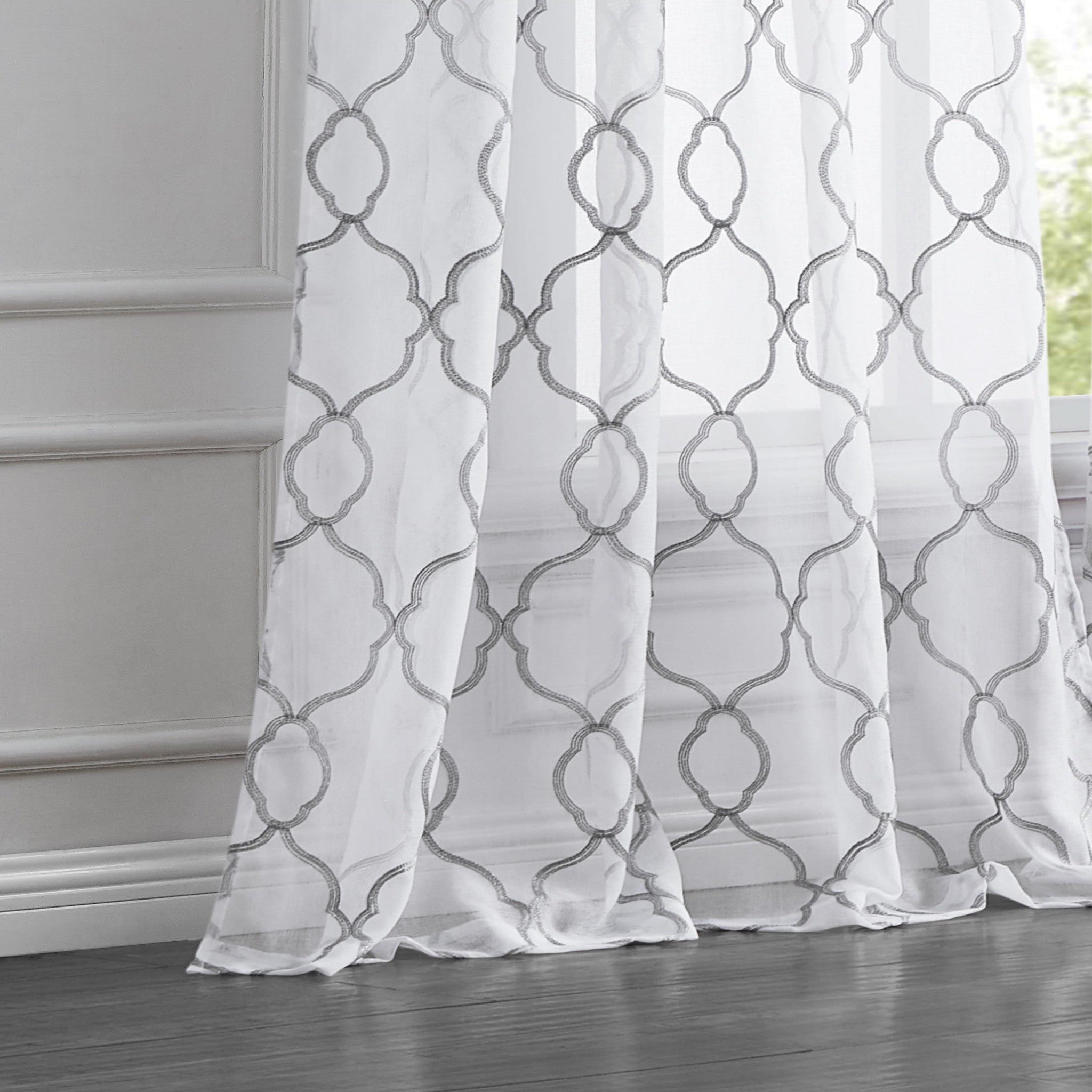 Silver Trellis Pattern Embroidered Window Curtain Panel 84”