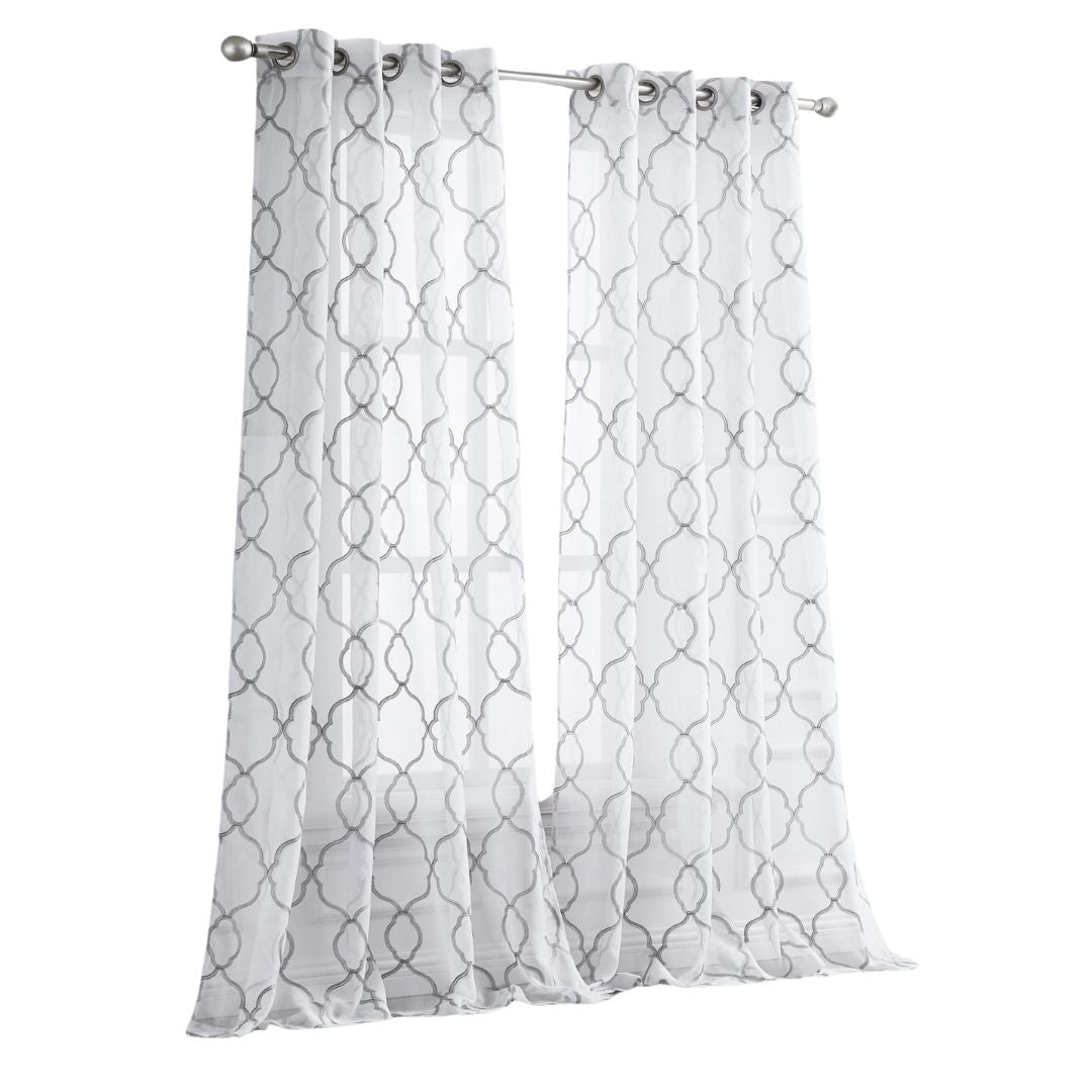 Silver Trellis Pattern Embroidered Window Curtain Panel 84”