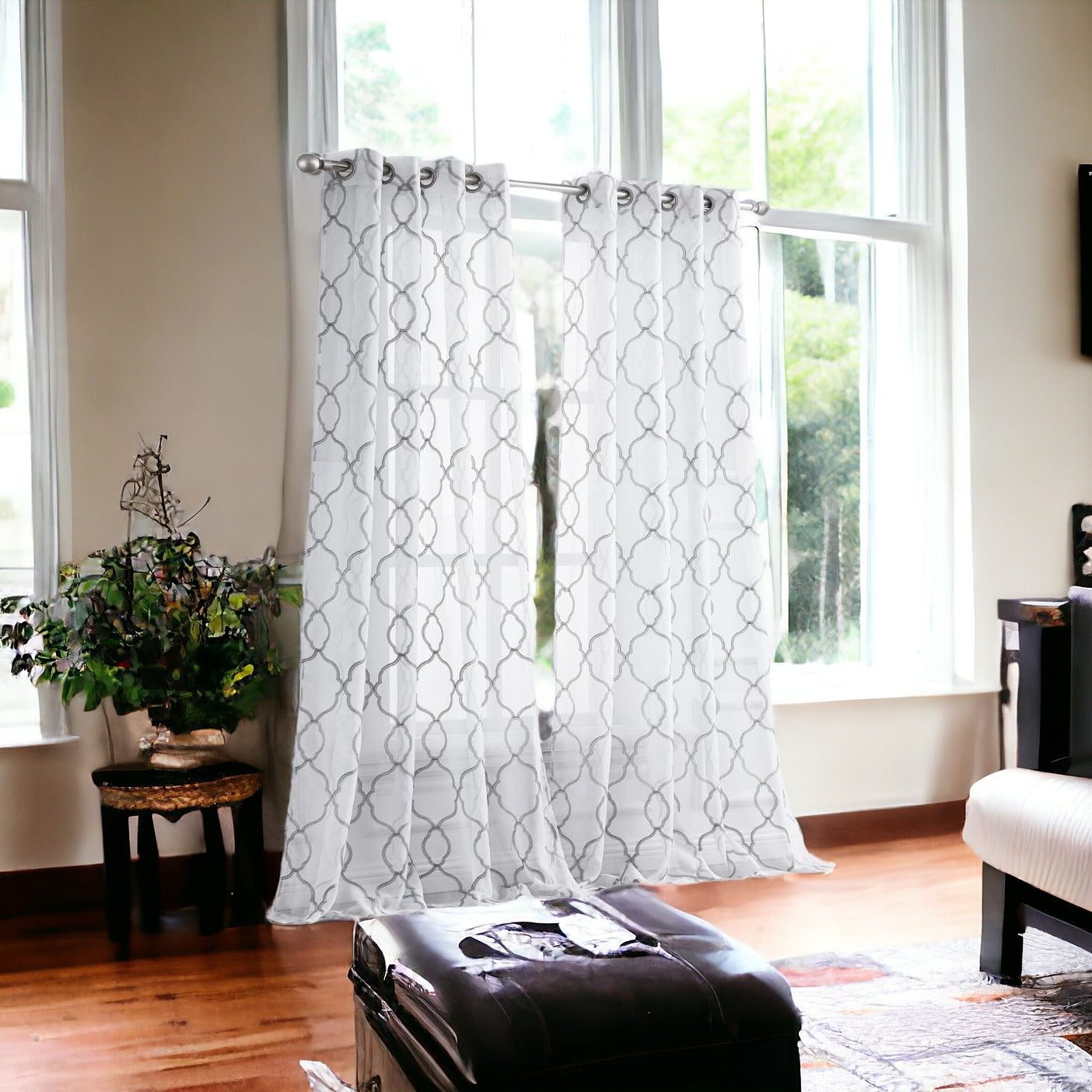 Silver Trellis Pattern Embroidered Window Curtain Panel 84”
