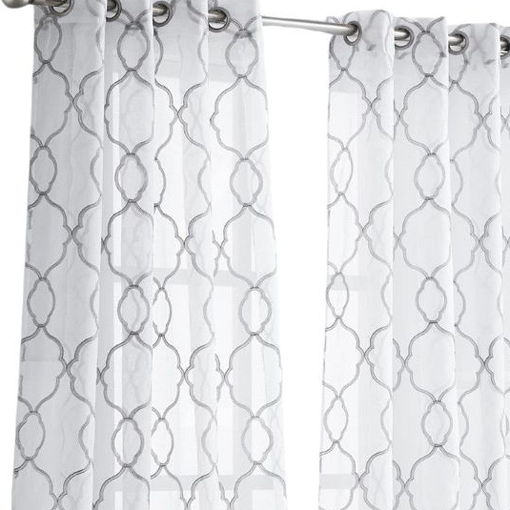 Silver Trellis Pattern Embroidered Window Curtain Panel 84”