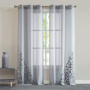 Set of Two 96"  Silver Velvet Applique Window Panels