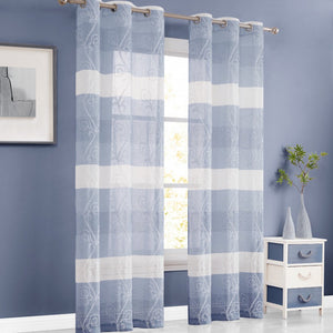 Set of Two 96"  Blue Striped Floral Embroidery Window Panels