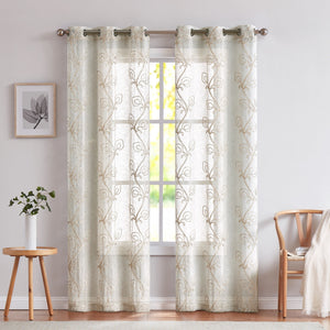 Set of Two 84"  Beige Boho Embroidered Window Panels