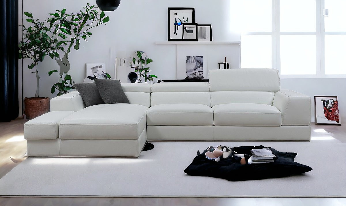 Contemporary White Leather Left Facing Wide Arm Sectional Sofa