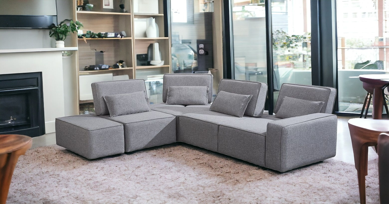Mod Light Gray Fabric Right Facing Sectional Sofa with Ottoman