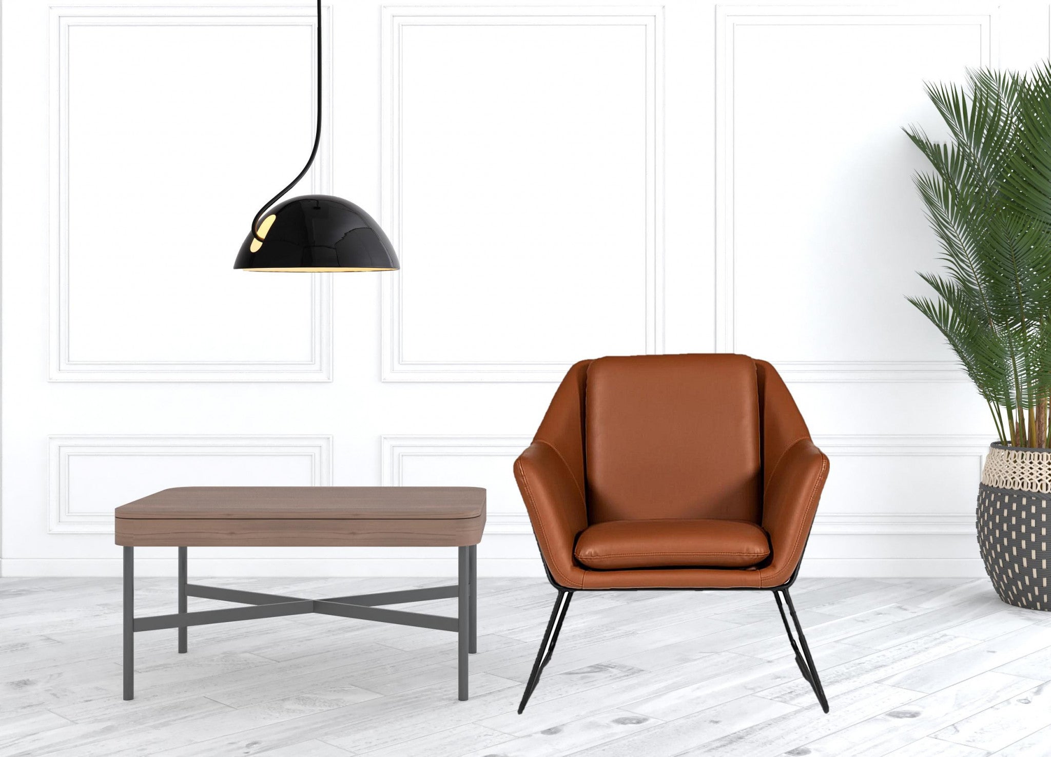 Silla industrial de cuero ecológico marrón y metal negro