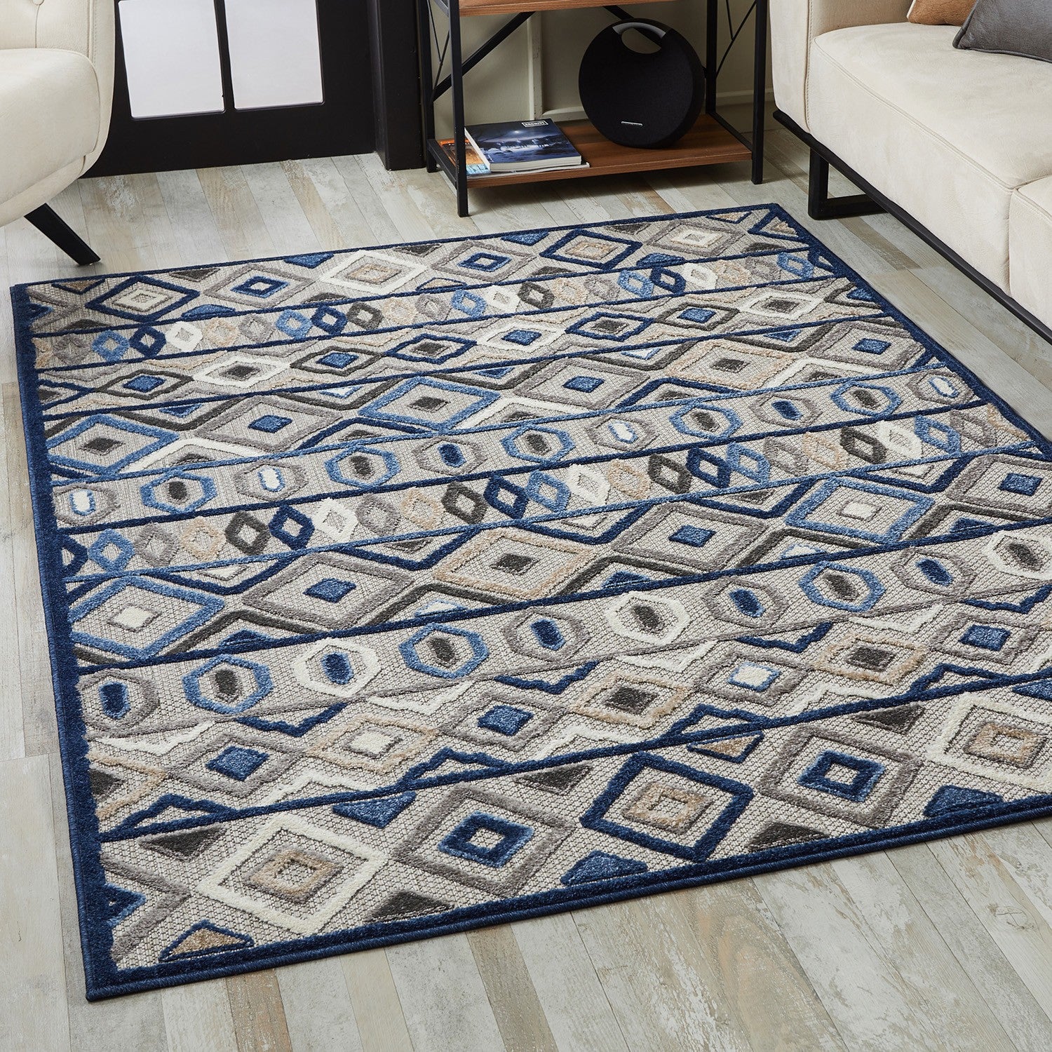 7' X 9' Blue And Gray Abstract Stain Resistant Indoor Outdoor Area Rug