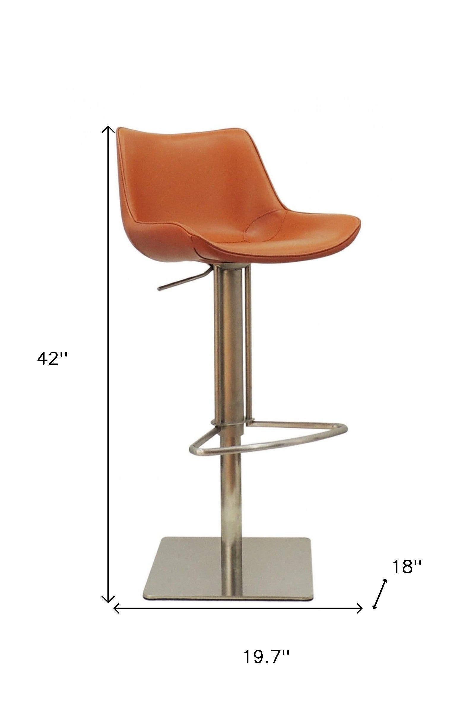 42" Cognac Faux Leather And Stainless Steel Swivel Adjustable Height Bar Chair With Footrest