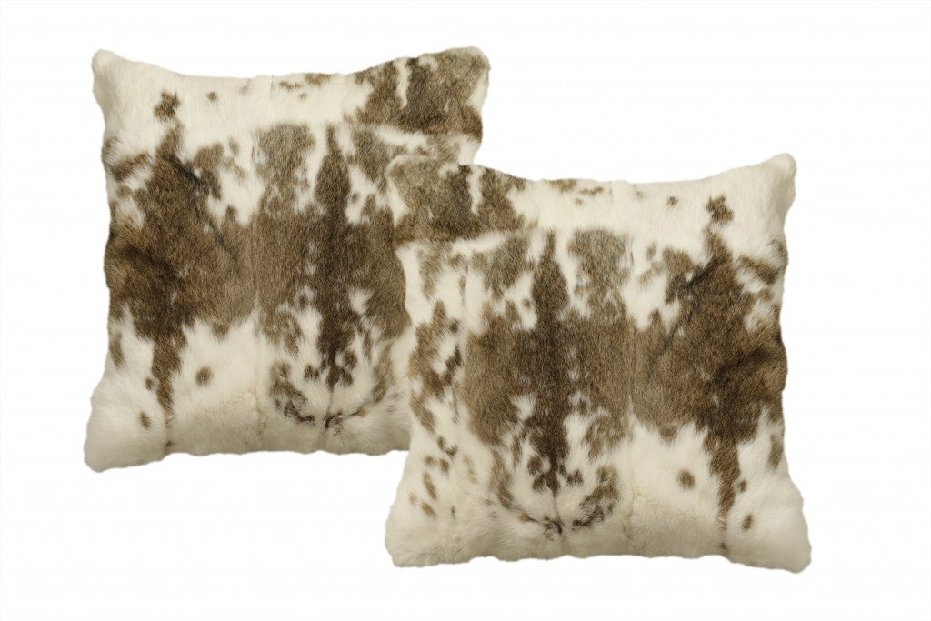 Set Of Two 18" X 18" Brown And White Rabbit Natural Fur Animal Print Throw Pillows