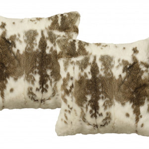 Set Of Two 18" X 18" Brown And White Rabbit Natural Fur Animal Print Throw Pillows