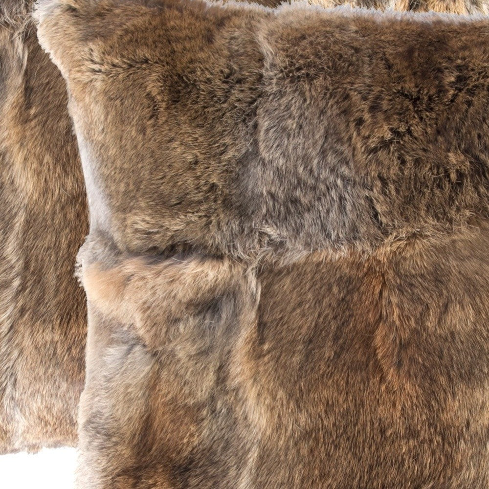 Juego de dos cojines de piel natural con cremallera de conejo marrón de 18.0 in.