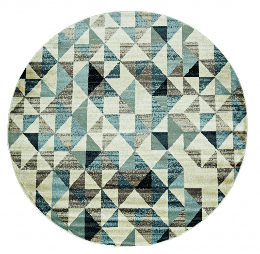 8’ Round Blue Beige Nested Diamonds Modern Area Rug