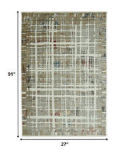 2’ x 8’ Ivory Khaki Distressed Plaid Runner Rug