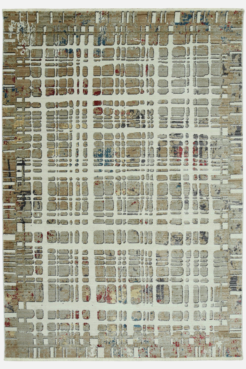 4’ x 6’ Ivory Khaki Distressed Plaid Area Rug