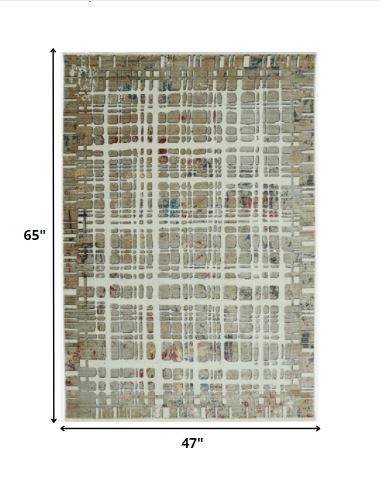 4’ x 6’ Ivory Khaki Distressed Plaid Area Rug