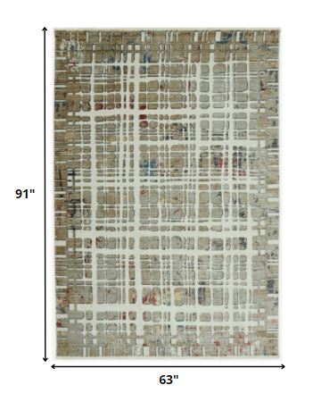 5’ x 8’ Ivory Khaki Distressed Plaid Area Rug