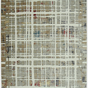 9’ x 13’ Ivory Khaki Distressed Plaid Area Rug