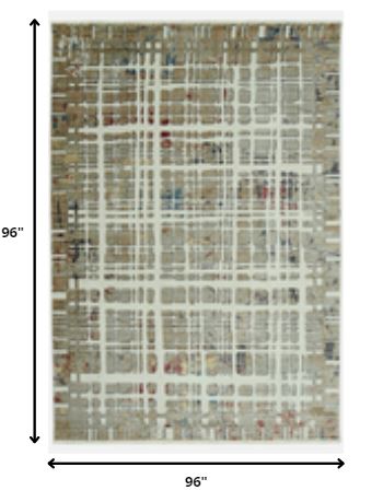 8’ Round Ivory Khaki Distressed Plaid Area Rug