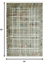 8’ Round Ivory Khaki Distressed Plaid Area Rug