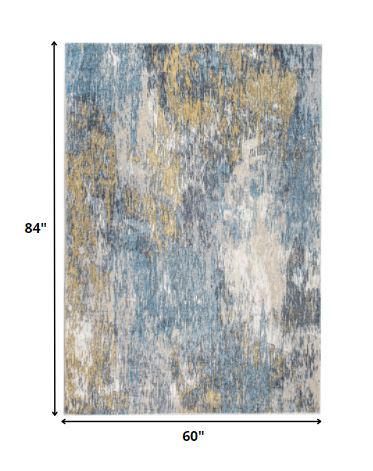 5’ x 8’ Blue Gold Abstract Painting Modern Area Rug