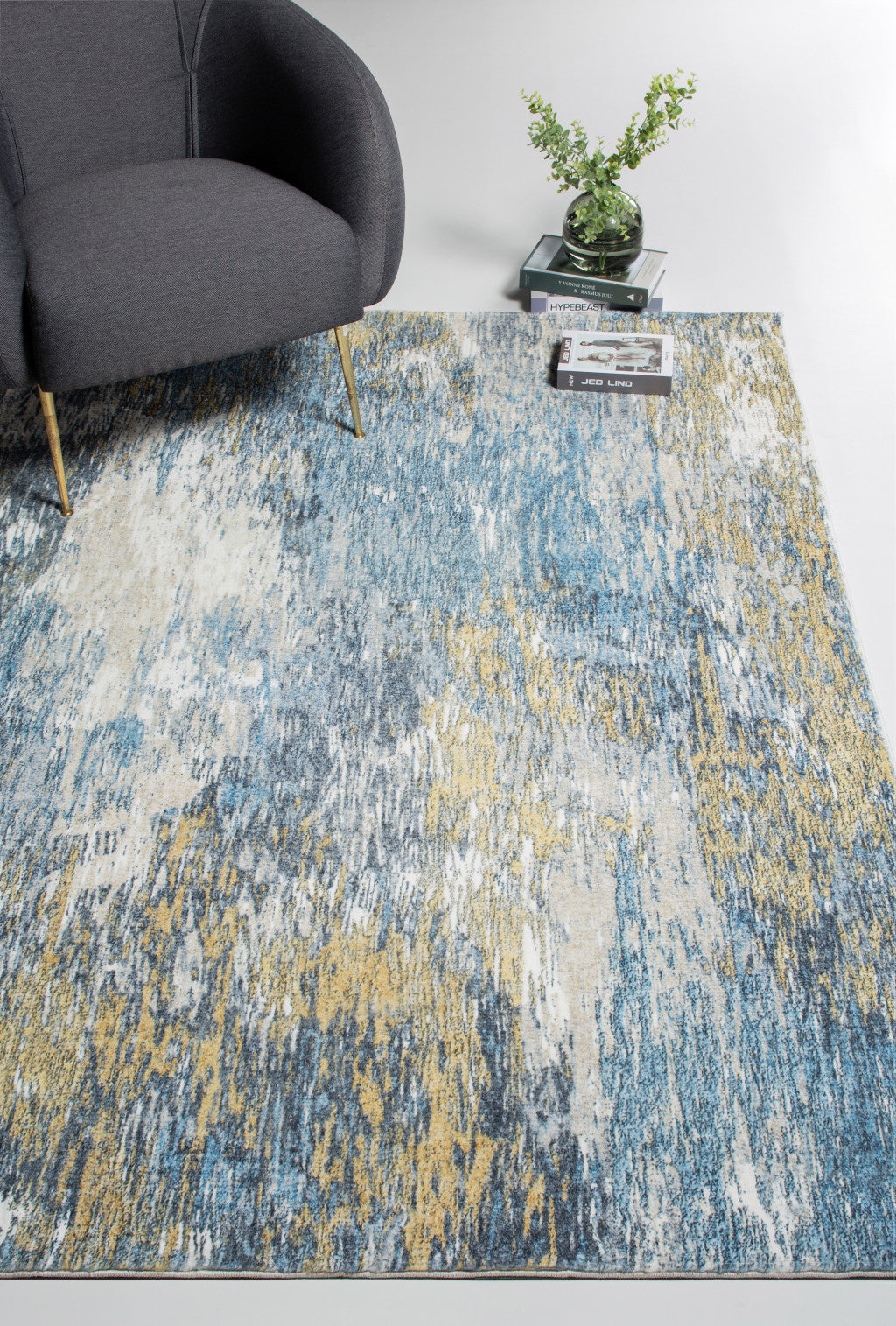 8’ x 10’ Blue Gold Abstract Painting Modern Area Rug